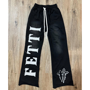OEM Custom Distressed Patch Embroidery Logo Acid Wash Vintage <b>Pullover</b> Hoodie Flared Sweats Heavyweight Tracksuit For <b>Men</b> - Product Image 3
