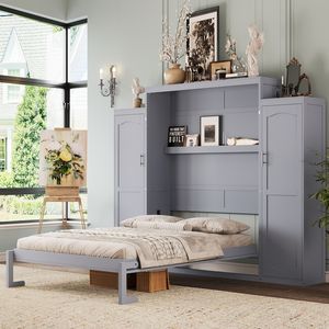 Queen Size Wooden Murphy <b>Bed</b> <b>with</b> 2 Wardrobe <b>Storage</b> Shelf Multifunctional Foldable <b>Platform</b> Bedframe - Product Image 1