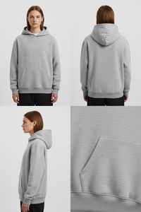 เสื้อฮู้ดโอเวอร์ไซส์สีเทาอ่อน ผ้าฟลีซ พิมพ์โลโก้ได้ตามสั่ง เสื้อผ้าสตรีทแวร์หนานุ่ม ผู้ผลิต OEM ขายส่ง - Product Image 2