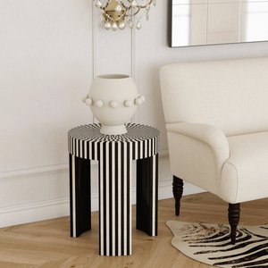 Round <b>Black</b> White Striped Resin Inlay Side Table Contemporary Wooden End Table with Geometric Pattern Standing Type Furniture - Product Image 3