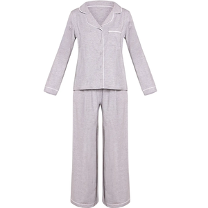 Ensemble de pyjama en coton gris sexy pour femmes, manches longues, col classique rabattable, taille élastique, vêtements de nuit doux, saison d'automne - Product Image 1
