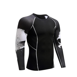 <b>Men</b> Full Sleeve Rash Guard Black With White Wave Print Quick Dry Spandex Polyester <b>Compression</b> <b>Shirt</b> For Adults - Product Image 1