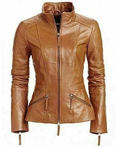 Blouson moto en cuir PU marron, col montant, fermeture éclair, coupe ajustée, style motard avec poches, unisexe, pour l'automne - Product Image 4