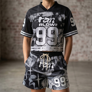 Conjunto de camiseta y pantalones cortos de fútbol extragrandes personalizados para hombre y mujer, ropa urbana vintage con gráficos de malla, conjunto de 2 piezas - Product Image 6