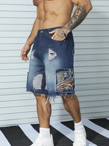 <b>Men's</b> Streetwear <b>Patch</b> Embroidery Chrome Heart Design Denim <b>Shorts</b> Knitted Breathable Windproof Mid Waist Button Fly - Product Image 4