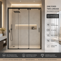 Système de porte de douche linéaire encadrée avec un panneau fixe et deux panneaux coulissants, cloison en verre trempé pour hôtel, villa, appartement