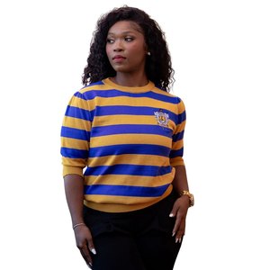Pull rayé bleu et or Sigma Gamma Rho pour femme, col rond en tricot, style décontracté et confortable de la sororité grecque - Product Image 1