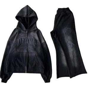 Chándal unisex con logotipo personalizado para hombre, conjunto de chándal vintage con cremallera y pantalones de chándal acampanados, conjunto de chándal lavado ácido para hombre - Product Image 1