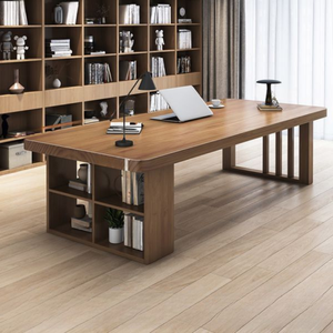 Wooden <b>work</b> <b>desk</b> with a modern minimalist design that has integrated storage shelves on the side of the table - Product Image 1