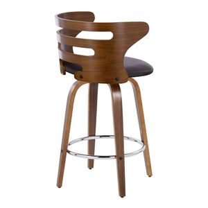 Sgabello da bar Cosini Mid-Century Modern da 26 pollici in legno di noce e similpelle marrone con base girevole in metallo cromato a altezza fissa - Product Image 4