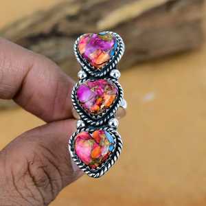 Anillo de Corazón de Plata de Ley 925 Hecho a Mano al por Mayor con Tres Piedras de Cobre Rosa y Turquesa, Joyería de Gema Opaca de Alta Calidad - Product Image 4
