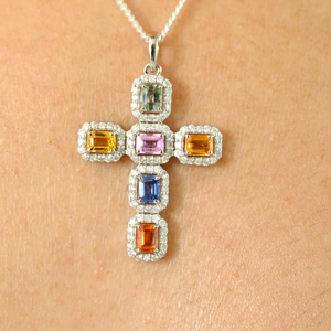 18K <b>Solid</b> White <b>Gold</b> Multi Sapphire Cross <b>Pendant</b> - Product Image 1