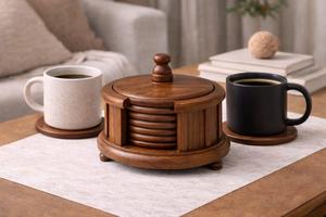 Solid Walnut Wood Coasters Natural Wooden Tea <b>Mats</b> Square Cup Pads with Holder Minimalist <b>Table</b> Protection Wood Anniversary - Product Image 3