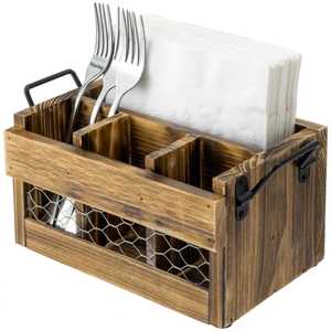 Rustic Wooden Cutlery Holder with Napkin Compartment Farmhouse Utensil Organizer Box with Handle <b>Kitchen</b> <b>Table</b> Storage Caddy - Product Image 1