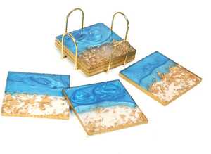 Posavasos Cuadrados Modernos de Resina con Arte en Resina Azul y Diseño de Hoja de Oro, Hechos a Mano, 350 mm de Diámetro, Antideslizantes, para Decoración de Mesa - Product Image 6
