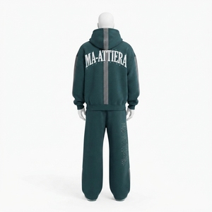 Conjunto de Sudadera con Capucha Verde Oscuro Personalizada con Cierre y Pantalones Deportivos Anchos, Chándal Gráfico Extra Grande para Hombre - Product Image 3