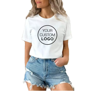 T-shirt blanc à manches courtes pour femme, col rond, coupe classique, impression de logo personnalisé, jersey 100% coton, décontracté, printemps-été - Product Image 1