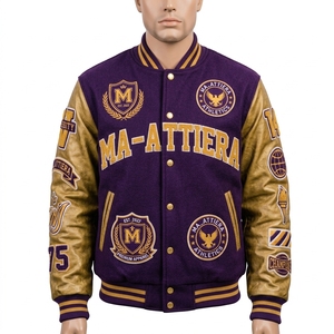 <b>Purple</b> Gold Letterman Jacket Wool Body Leather Sleeves Embroidered Patches Snap Button Custom OEM ODM Wholesale - Product Image 1