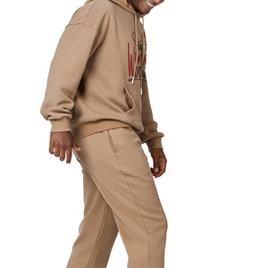 Brown Hooded Tracksuit Full Length 100% Cotton Casual Sweatshirt and <b>Pants</b> Set with Wine <b>Down</b> Print - Product Image 4