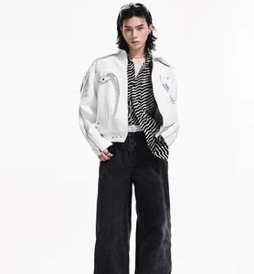 <b>White</b> PU Windproof Motorcycle <b>Jacket</b> <b>Men</b> Regular Sleeve Solid Color Turn-down Collar Zipper Closure Front Logo Winter Wear - Product Image 2