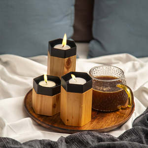 Portavelas de metal y madera, decoración artesanal de diseño para mesa de hogar, centro de mesa rústico, regalo para sala de estar, comedor, dormitorio - Product Image 1