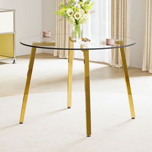 Modern Minimalist <b>Dining</b> <b>Table</b> with Circular Transparent Tempered Glass <b>Top</b> and Golden Metal Legs Suitable Kit - Product Image 2
