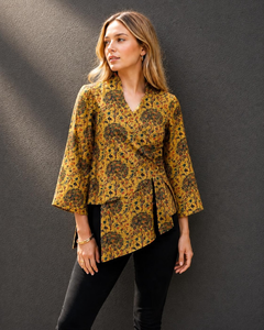 Yellow Madhubani Print Tusser Silk Overlap Jacket l Mustard Floral Printed <b>Tunic</b> Top - Product Image 4