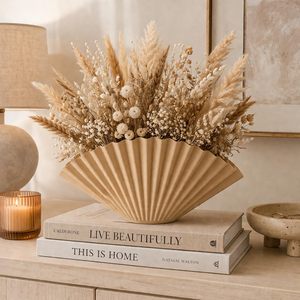 Metal Fan Shaped Vase Matte Finish Fluted Design Modern Style <b>Dining</b> <b>Table</b> <b>Centrepiece</b> for Living Room Decor Available for Sell - Product Image 3