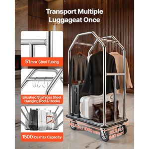 Carrello Portabagagli per Hotel Resistente da 680 kg in Acciaio Inossidabile con 8 Ruote in Gomma e Piano di Carico Grigio Tappetinato - Product Image 2
