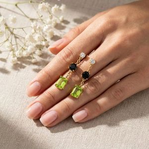 Peridot Rectangle Drop <b>Earrings</b> Black Obsidian Round CZ Accent Elegant Minimalist <b>Fine</b> Stud Dangle Jewelry Gift For Her - Product Image 3