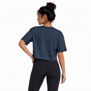Women's <b>Navy</b> Crop <b>Top</b> Short Sleeve Crew Neck Loose Fit Jersey Solid Color Casual T-Shirt All Seasons 100% Cotton - Product Image 2