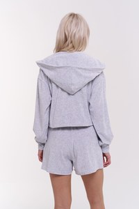 Conjunto de Top Corto con Capucha y Pantalones Cortos para Mujer, Manga Larga, Color Sólido, Estilo Deportivo, Gris, Largo por Encima de la Rodilla, Corte Holgado - Product Image 2