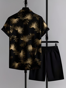 Shi Beach Vacation Set Black & Golden Solid Short Sleeve Shirt & Solid Color Shorts 2pcs Casual Set Summer 100% Cotton Quick Dry - Product Image 6