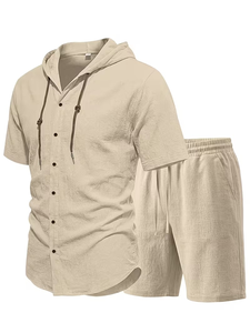 Men Breathable Knitted Solid Hooded Shirt Set Short Sleeve Button-Up Top and Elastic Waist Shorts Casual Summer Outfit - Product Image 6