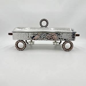 Luxury Arabic Rectangular Chafing Dish Hammered Stainless Steel Food Warmer Wooden <b>Ring</b> Accent Ramadan Buffet Server Single Unit - Product Image 1