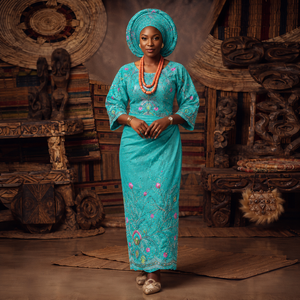 Olive Gold Luxury African Kaftan Dress with Blue Embroidery, Matching Gele Headwrap & <b>Shawl</b> for <b>Wedding</b> Wear - Product Image 3