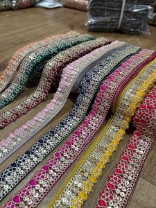 Teardrop Paisley Motif <b>Net</b> Lace Border Silver Metallic Wire & Sequin Work Trim for Ethnic Garments - Product Image 2