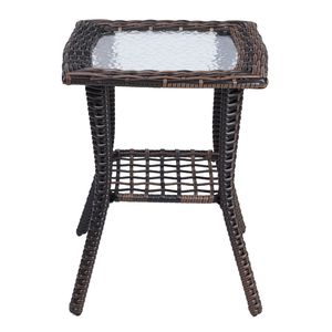 Tavolino Laterale da Esterno in Vimini Marrone con Piano in Vetro, Tavolino in Rattan per Patio, Caffè, Bistrò, Giardino, Portico, Balcone, Parco - Product Image 6