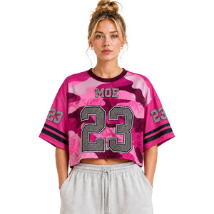 Camiseta deportiva de fútbol americano de malla con estampado de camuflaje personalizado ODM para mujer, con pedrería, corta, al por mayor, la más vendida - Product Image 1