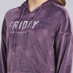 <b>Women</b> <b>Purple</b> Velvet <b>Tracksuit</b> Hooded Full Sleeve Casual Loose Fit With Letter Print Drawstring Waist Side Pockets Autumn Wear - Product Image 2