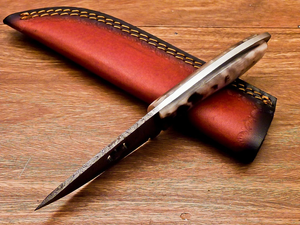 Couteau à lame fixe en acier Damas forgé, fourreau en cuir, EDC, pleine longueur, pour la chasse, le dépecage, le camping, manche en corne de bélier, OEM - Product Image 2