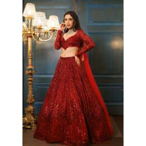 Lehenga choli เสื้อผ้างานแต่งดีไซน์เนอร์ด้ายเย็บปักลายสวยงาม - Product Image 5
