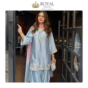 La Mejor Colección Tradicional de Ropa Casual, Traje Salwar Farshi de Seda Satén Malaya con Bordado de Lentejuelas, en Venta - Product Image 3