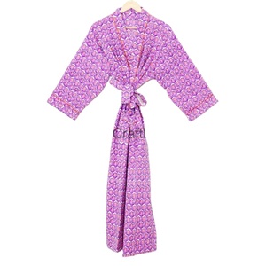 Handblok Bloemenprint Katoenen Maxi-Jurk Stijl Kimono Premium Badjas Thermische Nachtkleding Groothandel Lente Lange Kimono - Product Image 1