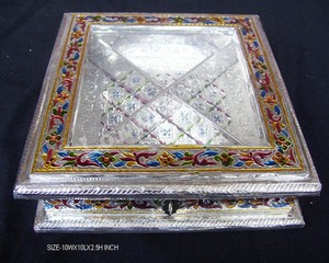 Lowellcraft Handcrafted Copper Enamel Tray <b>Rectangular</b> Silver-Plated Folk Art Collectible Embossing Printing Dry Fruit Gift - Product Image 4