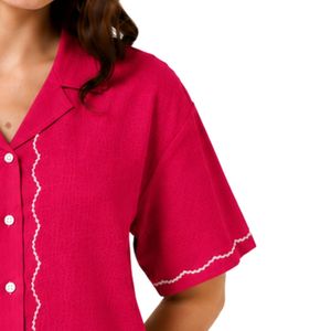 <b>Red</b> Floral Embroidered Women Short Sleeve Button Up Shirt Casual Summer Cotton <b>Blouse</b> With Collar Custom Fashion Tops OEM Style - Product Image 4