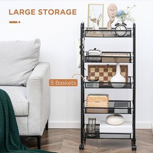 Carrello portaoggetti in metallo a 5 ripiani con ruote, per cucina, soggiorno, lavanderia e garage, con cestini a rete rimovibili - Product Image 4