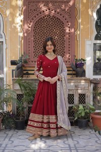 Elegant Blooming Silk <b>Flared</b> Gown Zari <b>Sequin</b> Design Fancy Trim Veil Round Neck Stitched Women Traditional Attire Set - Product Image 1