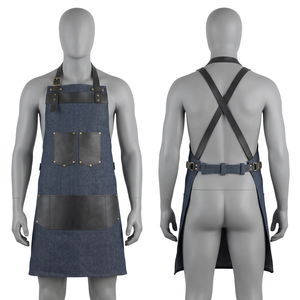 Tablier de travail en denim premium avec panneau en cuir noir, broderie personnalisée, logo imprimé, tablier professionnel pour barbiers, boulanger et chef - Product Image 1