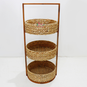 Three Tier Rattan Storage Rack with Wooden Frame Round Baskets for Home Organization <b>Rustic</b> Style Handmade - Product Image 4